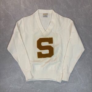 Vintage Bristol Products Official Award Sweater Mens 38 White Chenille Patch S